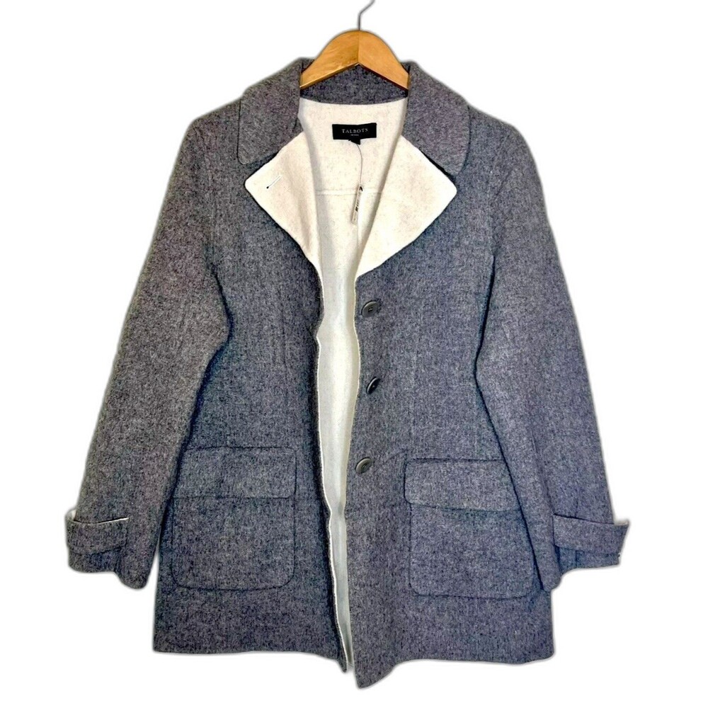 Gray Wool White Sherpa Coat Sz 14P Old Money MSRP $349 Talbots NWT